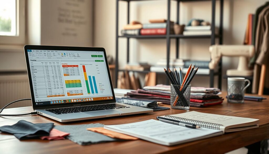 A stylish workspace showcasing a detailed clothing pricing calculation setup. In the foreground, a wooden desk is adorned with a sleek laptop displaying spreadsheet software open to a clothing cost analysis, with colorful graphs and cost breakdowns. Nearby, neatly arranged fabric swatches in various colors and textures highlight different clothing materials. In the middle ground, a cup filled with pens and a notepad with rough calculations adds a personal touch. The background features a soft-focus industrial-style shelf housing sewing tools and fashion design books, contributing to a professional atmosphere. Natural light floods the scene from a nearby window, casting a warm glow, enhancing the creative yet businesslike mood of the space.