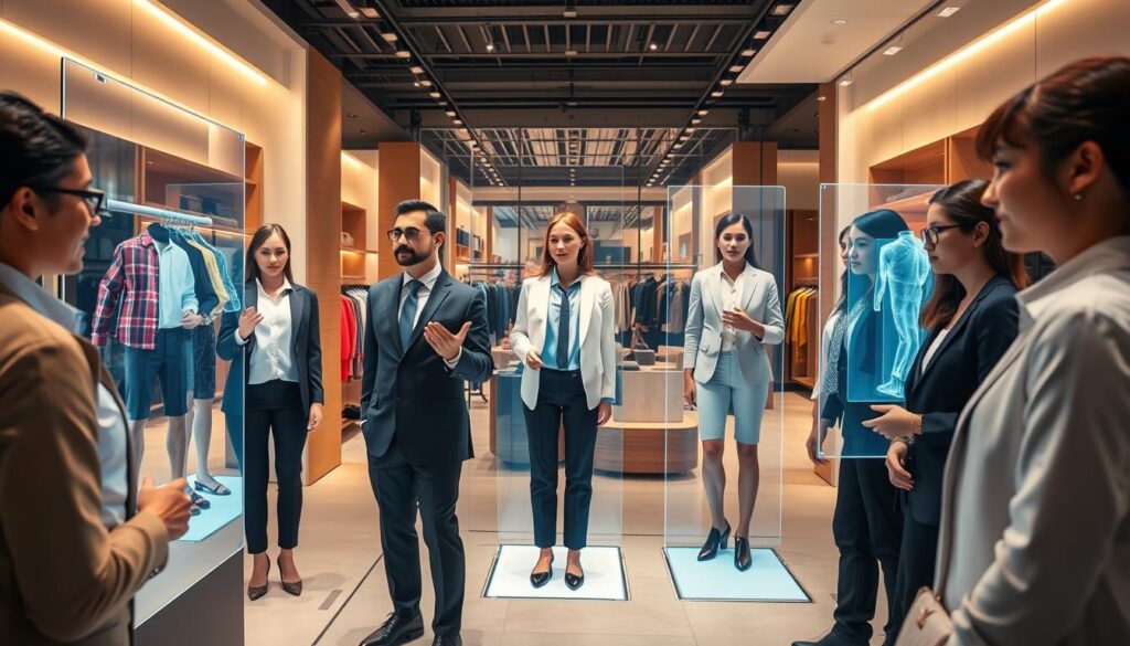 A vibrant, modern retail setting featuring a virtual try-on experience. In the foreground, a diverse group of individuals dressed in professional business attire engage with interactive screens showcasing various outfits. The middle ground displays digital holograms of clothing items being tried on, with a seamless blend of augmented reality and the users’ reflections. The background consists of a stylish boutique interior with soft, warm lighting that creates an inviting atmosphere. Use a wide-angle lens to capture the entire scene, emphasizing the innovative technology. The mood is exciting and futuristic, highlighting the advancements in customer outfit experience. The focus is on the interaction and satisfaction of customers exploring outfit options.