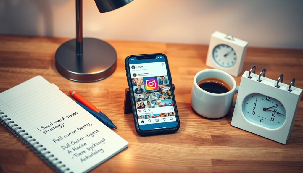 A visually appealing flat lay image showcasing a smartphone displaying an Instagram feed, positioned centrally on a wooden desk. Around the phone, various elements related to social media strategy are arranged artfully: a notepad with handwritten notes on the best times to post, a coffee cup, and a small calendar indicating the days of the week. The background features a blurred desk lamp that casts a warm, inviting light, creating a cozy and focused atmosphere. The overall tone should evoke productivity and creativity, highlighting the importance of timing in social media engagement. The composition should have a shallow depth of field, emphasizing the smartphone while softly blurring the surrounding objects for a modern, professional look.