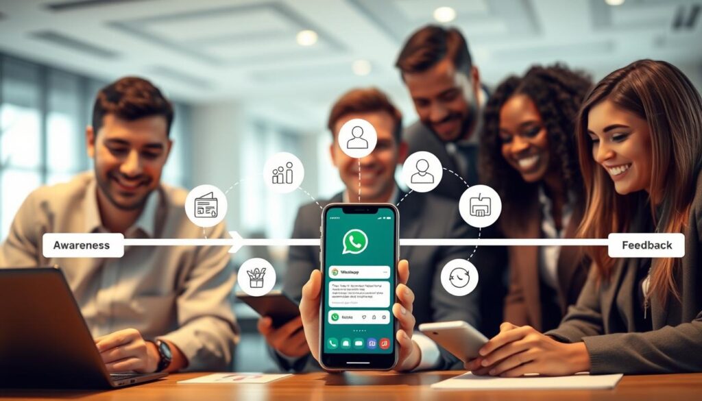A visually engaging customer journey map illustrating the stages of customer interaction with a WhatsApp service, designed for an article on AI. In the foreground, show a diverse group of smiling professionals in business attire collaborating over digital devices, with focus on a smartphone displaying a WhatsApp interface. The middle ground features a series of flowing arrows connecting key touchpoints: awareness, consideration, purchase, and feedback, represented with icons and minimalist illustrations. In the background, subtly hint at a modern office environment with soft, warm lighting to create an inviting atmosphere. The scene should communicate an informative, professional, and collaborative mood. The composition should use a wide-angle perspective to emphasize the interconnectedness of each stage in the customer journey.