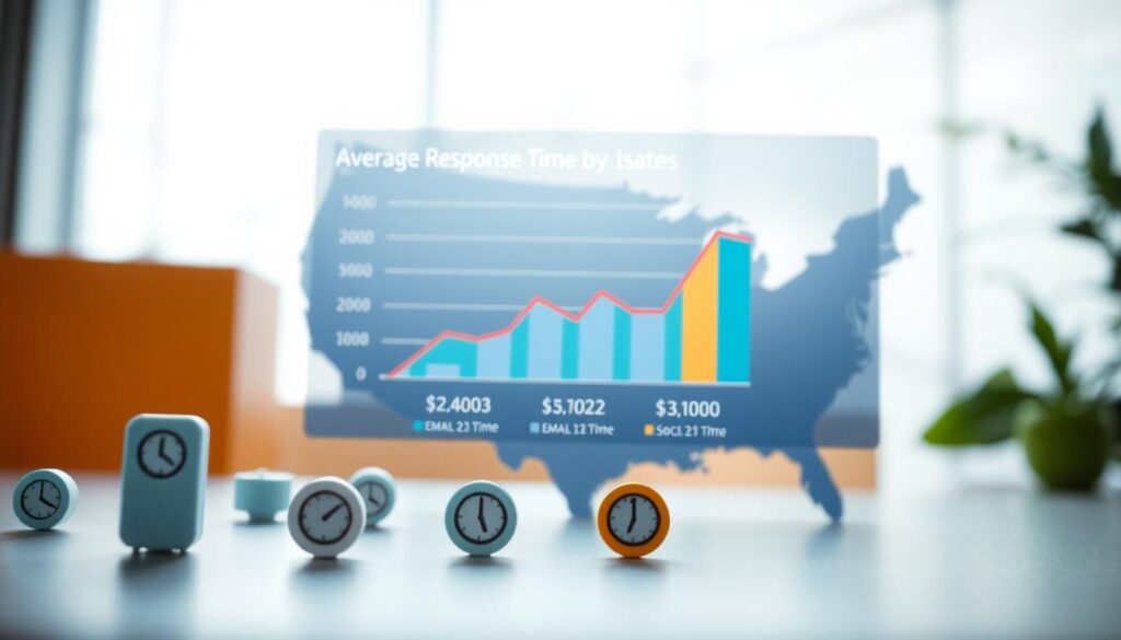 A visually engaging infographic depicting response time expectations by communication channel in the United States. In the foreground, show distinct icons representing various channels such as phone, email, chat, and social media, each with a small clock symbol indicating response time. In the middle layer, incorporate a colorful graph that illustrates average response times for each channel in a visually appealing manner. The background should feature a subtle abstract design, emphasizing a modern, professional atmosphere. Use bright, clear lighting to enhance visibility, and a slightly angled perspective for depth. The overall mood should convey efficiency and clarity without any text, ensuring a clean, informative visual suitable for a customer support context.