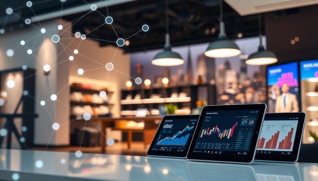 A visually engaging representation of data lineage within the context of an AI implementation checklist for small boutiques. In the foreground, sleek digital flowcharts and interconnected nodes symbolizing data movement, elegantly intertwined with minimalist geometric patterns. The middle layer shows a stylized boutique environment, featuring a modern, well-organized workspace with charts and graphs displayed on tablets and monitors, highlighting analytics in use. The background should depict a vibrant cityscape, suggesting innovation and adaptation. Use soft, diffused lighting with a warm ambiance, focusing on a slightly angled perspective to create depth. The mood is professional yet inviting, showcasing the seamless integration of technology in a boutique setting. No text, watermarks, or extraneous details should be present.