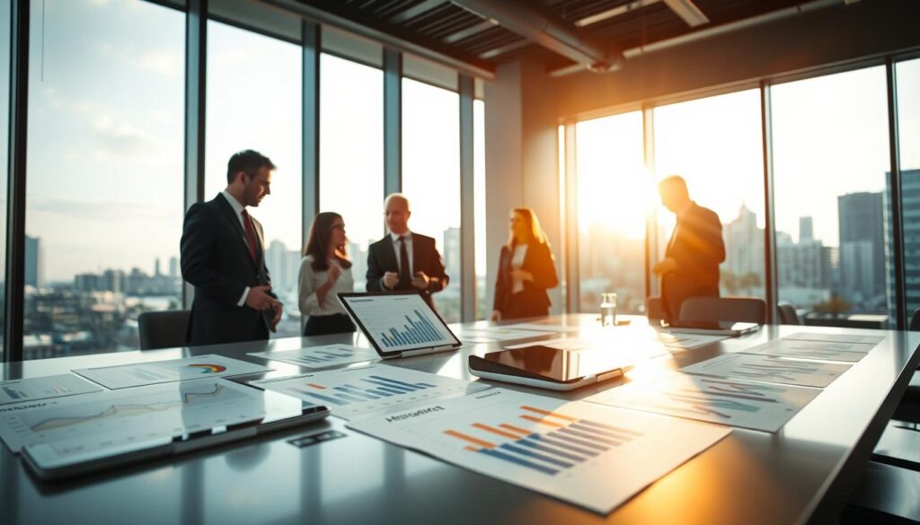 A visually engaging scene depicting historical sales data in a professional setting. The foreground features a sleek modern table with charts and graphs showing sales trends over the years, meticulously arranged on digital tablets and printed paper. In the middle ground, a group of business professionals in smart attire are analyzing the data, pointing at the graphs while deep in discussion. In the background, a large window reveals a city skyline, illuminated by warm, natural sunlight that casts soft shadows. The atmosphere is focused and analytical, evoking a sense of collaboration and innovative thinking, ideal for AI-driven inventory calculations. The image is captured with a slight tilt angle to enhance depth, reminiscent of a corporate environment where technology and strategy intersect.
