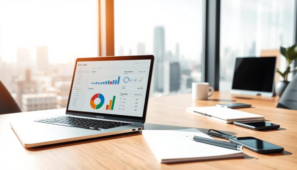 A visually engaging workspace depicting "order data" in a professional and organized manner. In the foreground, a laptop with an open digital dashboard displaying colorful graphs and pie charts representing order statuses. Beside the laptop, a neatly arranged notepad with bullet points and a pen, suggesting an active workflow. In the middle, a sleek wooden desk with a few essential office items like a coffee mug and a smartphone. The background includes a large window revealing a city skyline under natural daylight, creating an atmosphere of productivity and clarity. The lighting is bright and inviting, highlighting the details on the screen and emphasizing a clean, minimalist aesthetic. The overall mood is focused, professional, and motivating.