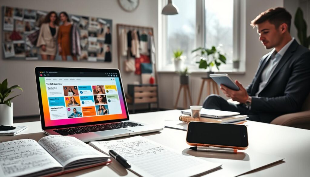 A visually engaging workspace setting focused on a digital hashtag generator. In the foreground, a sleek laptop displays a colorful interface with trending fashion hashtags in vibrant colors. Surrounding the laptop, neatly organized notebooks filled with handwritten notes and a high-tech smartphone set on a planner indicating research inputs. In the middle ground, a large window allows soft natural light to stream in, casting gentle shadows, enhancing the creative atmosphere. The background features a stylish, minimalist office with fashion-themed decor, such as a mood board filled with magazine clippings and fabric swatches. A professional individual in smart casual attire, thoughtfully analyzing data on a tablet, adds a touch of human connection to the scene. The overall mood is focused and creative, inspiring productivity in fashion marketing.