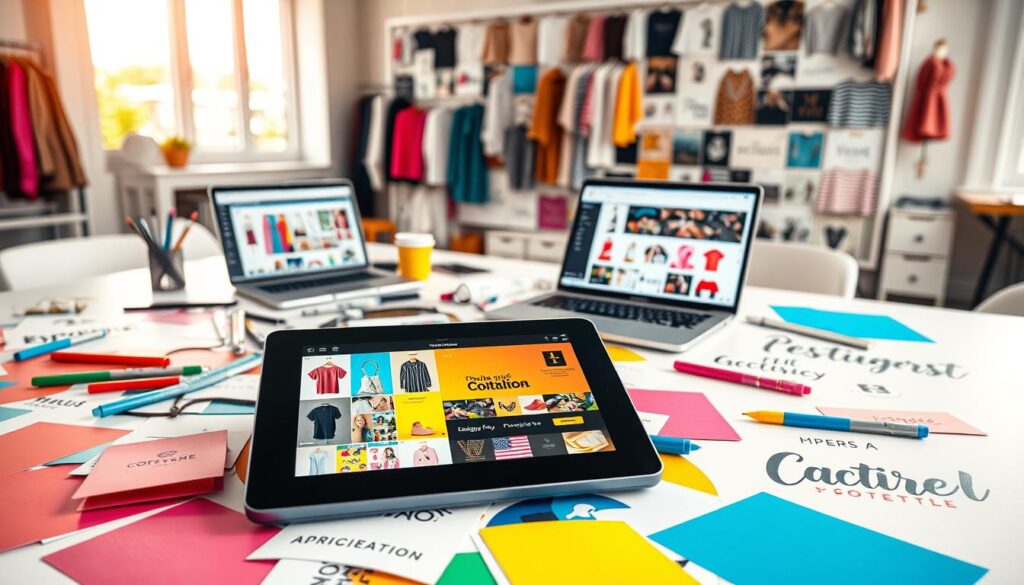 A visually striking and modern workspace setup featuring a design table strewn with vibrant color swatches, stylish font samples, and logo sketches, all reflecting a fashionable aesthetic. In the foreground, a digital tablet displays a colorful Instagram reel interface showcasing clothing items. The middle ground includes a sleek laptop with design software open, and a collection of designer tools like markers and rulers scattered around. In the background, an organized wall of inspiration boards filled with fabric textures and trend mood boards. Bright, natural lighting floods through a large window, creating a warm and inviting atmosphere. The scene captures the essence of creativity, collaboration, and design, perfect for customizing elements for an Instagram reel in the clothing industry.