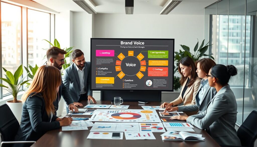 A visually striking composition representing the concept of "brand voice" in a modern office setting. In the foreground, a diverse group of professionals clad in smart business attire collaborate around a large conference table, reviewing charts and vibrant brand strategy documents. In the middle, a digital screen displays a colorful infographic illustrating the elements of brand identity, audience demographics, and content strategies. The background features sleek office decor with plants, while large windows let in soft, natural sunlight, creating an inviting atmosphere. The overall mood is focused and dynamic, capturing the essence of teamwork and innovation in defining a unique brand voice. The camera angle provides a slightly elevated perspective, emphasizing collaboration and clarity in the branding process.