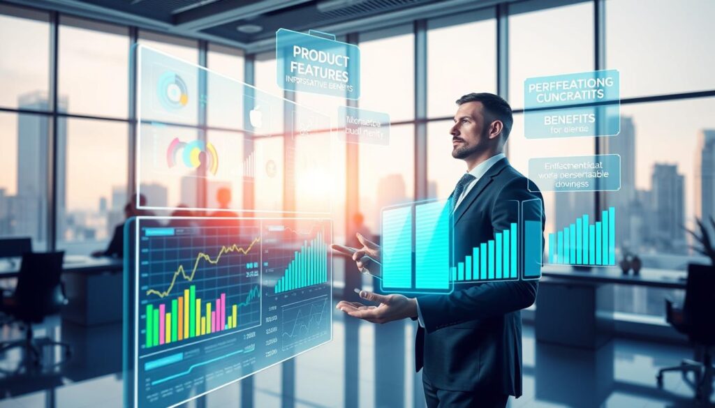 A visually striking concept of "data insights" represented with futuristic elements. Foreground: A transparent digital screen displaying colorful graphs, charts, and data points in a sleek, modern office space. Middle ground: A professional business person, wearing smart attire, analyzing the data with a thoughtful expression, surrounded by floating holograms of product features transforming into persuasive benefits. Background: A bright, tech-inspired office environment with large windows showcasing a cityscape bathed in soft daylight, casting gentle shadows. The overall atmosphere should convey innovation and clarity, highlighted by cool blue and green tones with bright accent colors. Use a wide-angle lens effect to emphasize depth and focus on the figures and holograms, creating a dynamic, engaging visual.