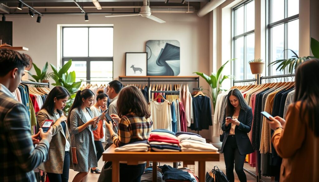 A visually striking scene showcasing a modern clothing store designed for Facebook ads. In the foreground, a diverse group of shoppers, dressed in smart casual attire, are engaged with their smartphones, browsing products displayed on digital screens. The middle ground features an array of fashionable clothing articles, neatly arranged on sleek wooden racks, with vibrant colors and textures inviting potential buyers. In the background, large windows let in warm, natural lighting that creates a welcoming atmosphere, complemented by soft shadows. Stylish decor elements, such as minimalist artwork and lush green plants, enhance the ambiance, evoking a sense of trendy consumerism. The overall mood is optimistic and dynamic, capturing the excitement of browsing for fashion online.