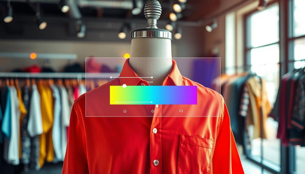 A visually striking split image showcasing the concept of AI auto color correction in clothing photos. In the foreground, a vibrant clothing item, like a shirt, is displayed on a well-lit mannequin under soft, diffused sunlight that highlights its fabric texture. The middle layer shows a digital interface with color adjustment sliders and various color palettes, symbolizing the AI processing the image. The background features a blurred fashion studio setting, with racks of diverse clothing and colorful lighting accents, creating a professional yet creative atmosphere. The overall mood conveys innovation and efficiency in fashion photography, emphasizing clarity and vibrancy. Use a wide-angle lens effect to enhance depth and emphasis on the clothing details. No text or logos included.