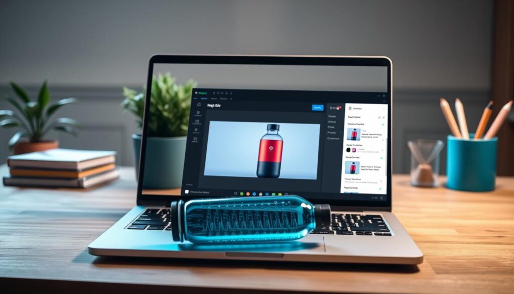 A well-lit, modern workspace featuring a sleek laptop on a wooden desk. In the foreground, a high-resolution product photo of a stylish water bottle with an innovative design, showcasing its vibrant colors and textures. The middle ground features an open Canva interface on the laptop screen, displaying the Magic Edit tool in action, with controls highlighted to emphasize the photo editing process. In the background, soft ambient lighting creates a warm atmosphere, complemented by a neatly arranged plant and stationery items. The overall mood is creative and professional, inviting viewers to explore the capabilities of Canva Magic Edit for enhancing product images.