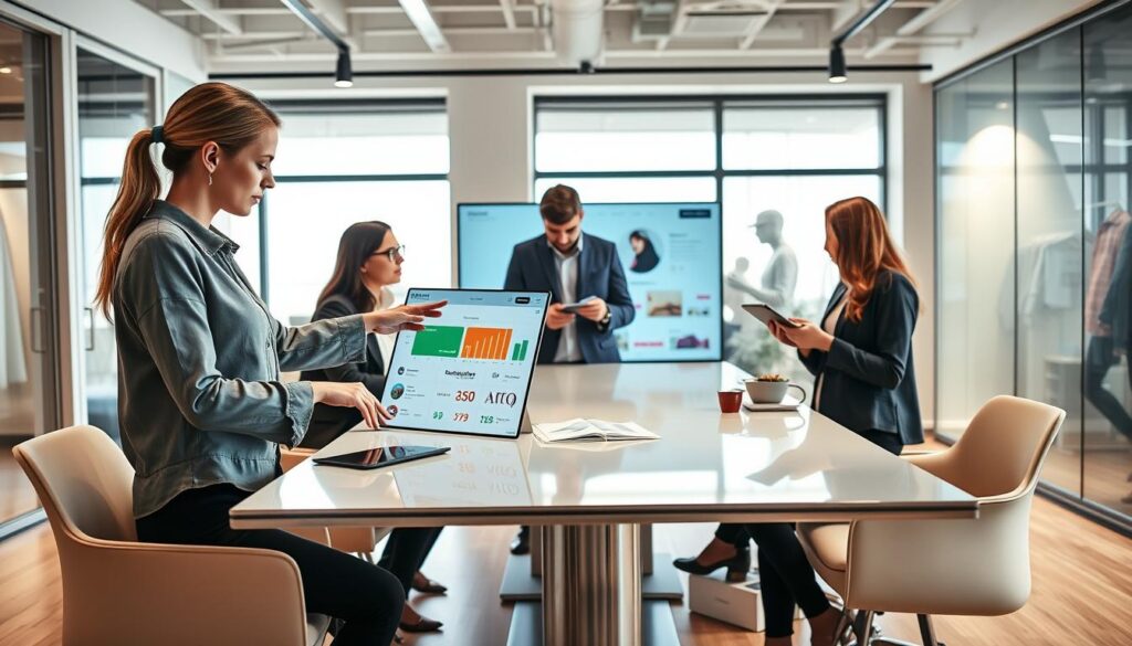 A well-lit office environment showcasing a diverse team of fashion store professionals engaged in a collaborative meeting around a sleek conference table. In the foreground, a female data analyst in business casual attire points to a colorful digital dashboard displaying product data quality metrics. In the middle ground, a male marketing manager is examining taxonomy charts on a tablet, while a female visual merchandiser takes notes. The background features a stylish, minimalist office décor with soft, natural light pouring in through large windows. The atmosphere should be focused and productive, capturing the importance of accurate product data in the fashion industry. Use a wide-angle lens for a dynamic composition, emphasizing the teamwork and analytical discussions taking place.