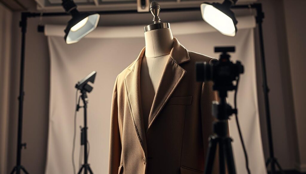 A well-lit photography studio scene focused on showcasing clothing, with a central garment—a soft, textured fabric blazer—hanging on a minimalist mannequin. In the foreground, harsh shadows cast by overhead lights highlight the intricate details of the fabric, revealing its texture. The middle ground features a softly blurred camera setup using a 50mm lens, angled slightly downwards to capture the garment. The background showcases a neutral backdrop, enhancing the contrast between the clothing and the environment. The lighting is bright and stark, creating a dramatic atmosphere that illustrates how improper lighting can distort fabric details and create unflattering shadows. The overall mood is professional, emphasizing the importance of adequate lighting in clothing photography. No text or branding elements included.
