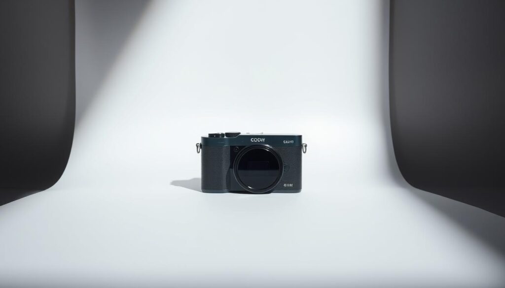 A well-lit product photography setup showcasing a clean, consistent background with realistic shadows. In the foreground, a sleek, modern product such as a camera or a gadget is placed on a neutral-toned surface, expertly lit to highlight its features. The middle layer displays soft shadows cast by the product, seamlessly blending with the changed background that resembles a soft gradient or a subtle texture. In the background, a faint, diffused light source mimics natural daylight, creating a cohesive atmosphere. The lighting angle is slightly to the side, producing depth while maintaining clarity on the product. The overall mood is professional and polished, exemplifying the importance of believable lighting continuity in product photography. No text or distractions.