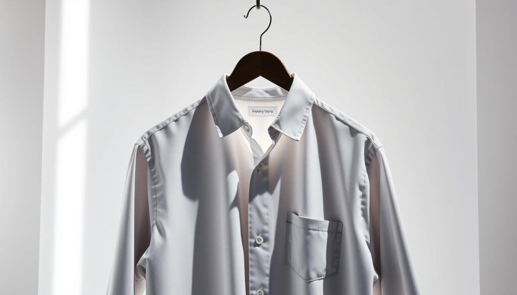 A well-lit product showcase featuring a close-up of a clothing item, such as a stylish shirt, on a plain white backdrop. The lighting is bright and diffused to highlight the fabric texture while minimizing harsh shadows, showcasing a professional AI shadow removal effect. The shirt is displayed neatly on a hanger, with soft shadows suggesting depth but smoothly blended, demonstrating the effectiveness of AI in enhancing images. Use a shallow depth of field to keep the focus on the shirt, while the background remains slightly blurred. The atmosphere is clean and modern, evoking a sense of professionalism and innovation in image editing.