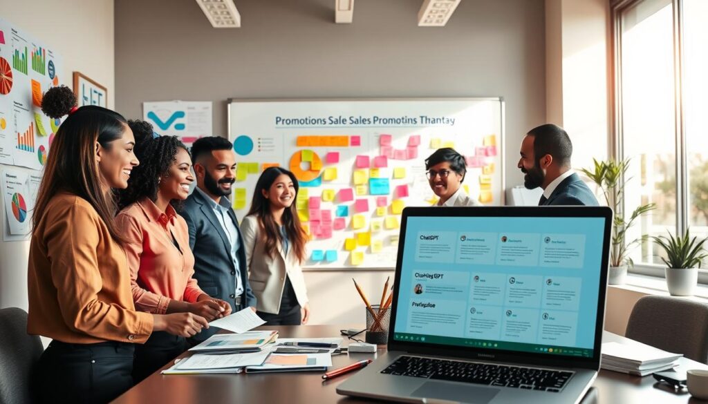 A well-organized office workspace filled with vibrant promotions planning materials. In the foreground, a diverse group of four professionals in business attire are collaborating, surrounded by colorful charts and graphs depicting sales strategies. The middle ground features a large whiteboard filled with creative promotion ideas and sticky notes. The background shows a bright window with sunlight streaming through, casting a warm glow on the scene. A laptop is open, displaying ChatGPT in action with promotional campaign drafts. The atmosphere is dynamic and focused, conveying a sense of teamwork and innovation. Shot from a slightly elevated angle to capture the collaborative spirit, using soft natural lighting to enhance details and create an inviting ambiance.