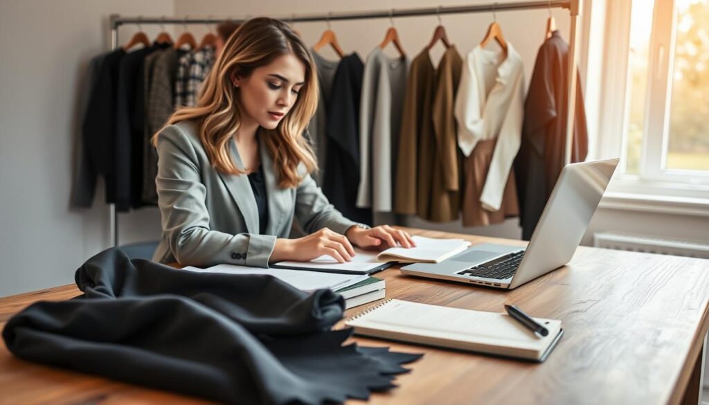 A well-organized workspace featuring a female fashion consultant in professional attire, analyzing clothing items laid out on a minimalist wooden desk. In the foreground, stylish fabric swatches and a notebook with pen, emphasizing attention to detail. In the middle ground, the consultant, with a focused expression, reviews product descriptions on a laptop, highlighting the creative process of writing. Soft, natural light streams through a nearby window, casting gentle shadows and creating a warm, inviting atmosphere. The background showcases neatly arranged garments on hangers, creating a cohesive and organized visual flow, conveying a sense of care and professionalism in clothing product presentation. The overall mood is inspiring and industrious, perfect for illustrating high-converting clothing descriptions.