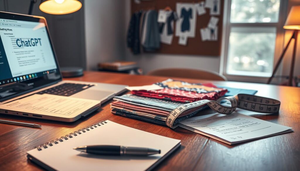 A well-organized workspace featuring a wooden desk with neatly arranged garment information sheets. In the foreground, a stylish notepad and a sleek pen lie beside a laptop displaying an open ChatGPT interface, glowing softly under warm desk lamps. The middle layer shows a colorful assortment of fabric swatches in various textures and patterns, each labeled, alongside a measuring tape coiled neatly. In the background, a bulletin board adorned with pinned fashion sketches and notes adds a creative touch. Soft, natural light filters in from a nearby window, enhancing the focused yet inviting atmosphere. The overall mood conveys professionalism and creativity, perfect for illustrating the prep work necessary for writing clothing product descriptions.