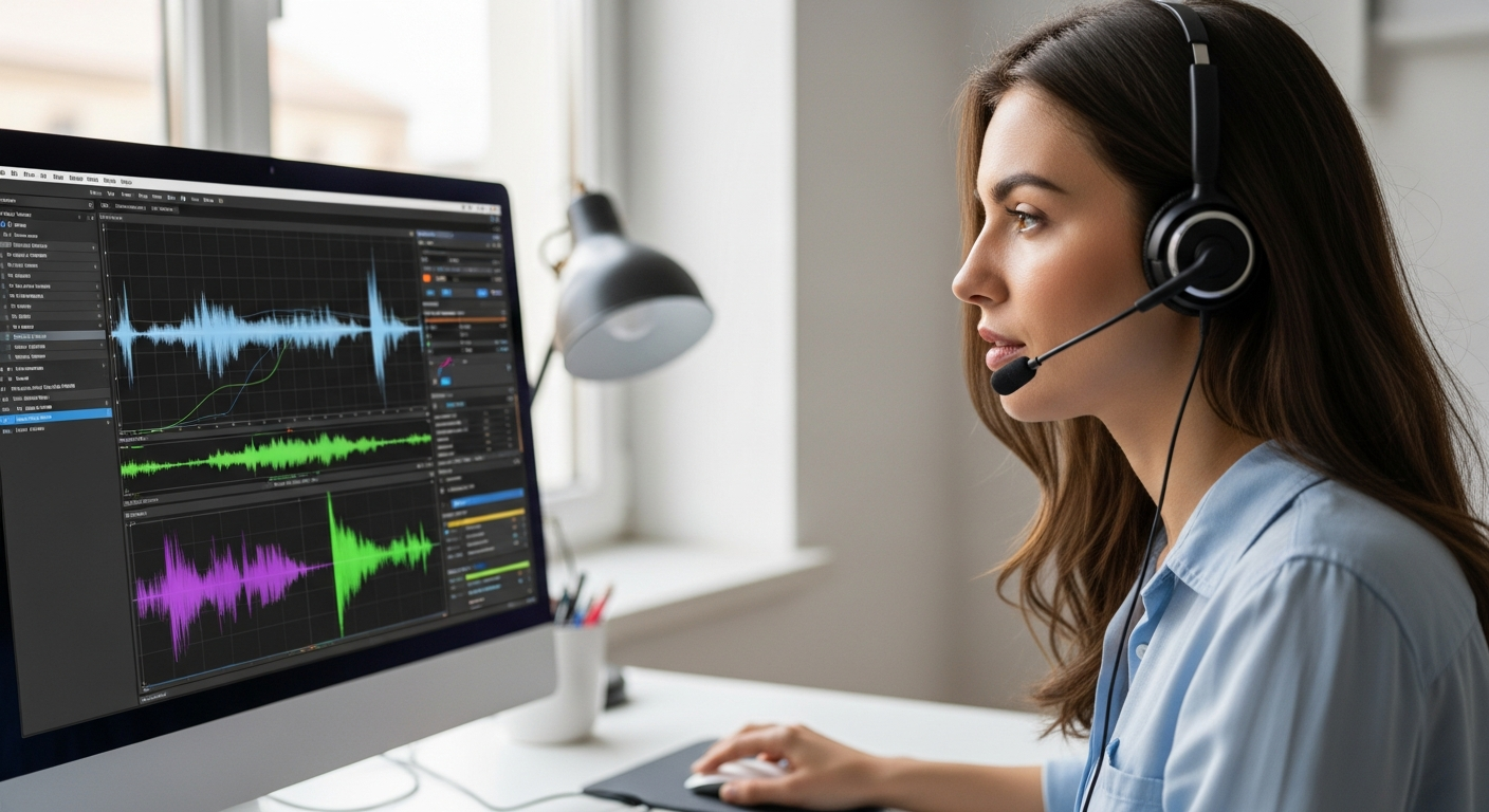 A woman analyzes audio waveforms on a computer.