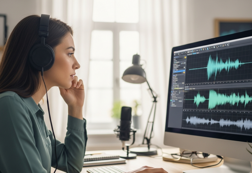 Woman analyzing audio waveforms on a computer.