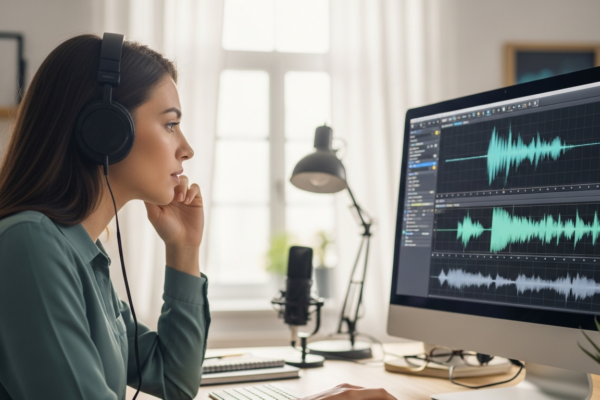 Woman analyzing audio waveforms on a computer.