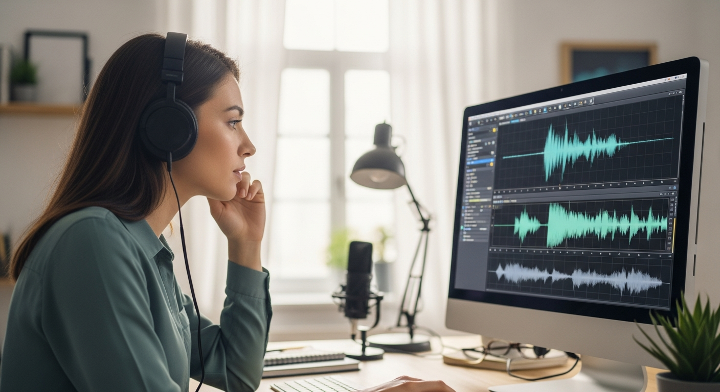 Woman analyzing audio waveforms on a computer.