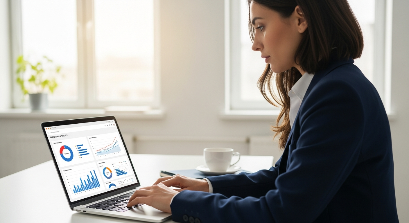 A woman reviews automatically generated reports on her laptop in an office setting.