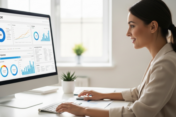 A woman reviews an AI-generated report on a computer screen.