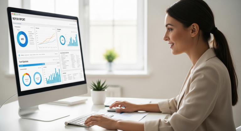 A woman reviews an AI-generated report on a computer screen.