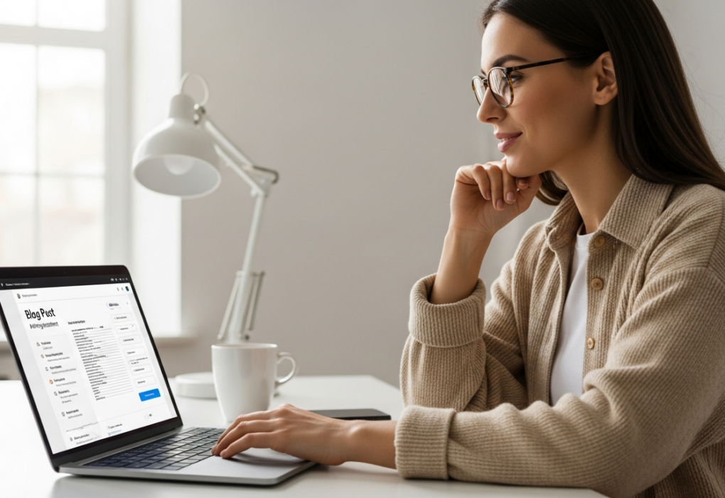 Woman using AI tools to write a blog post on her laptop.