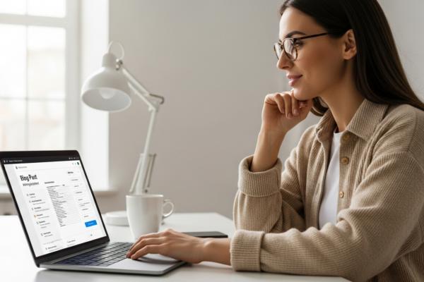 Woman using AI tools to write a blog post on her laptop.