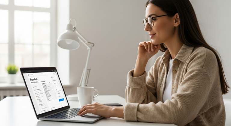 Woman using AI tools to write a blog post on her laptop.