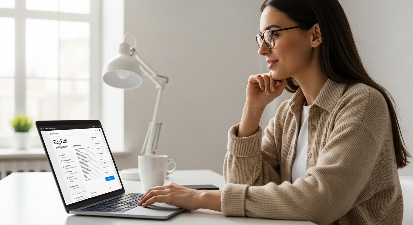 Woman using AI tools to write a blog post on her laptop.