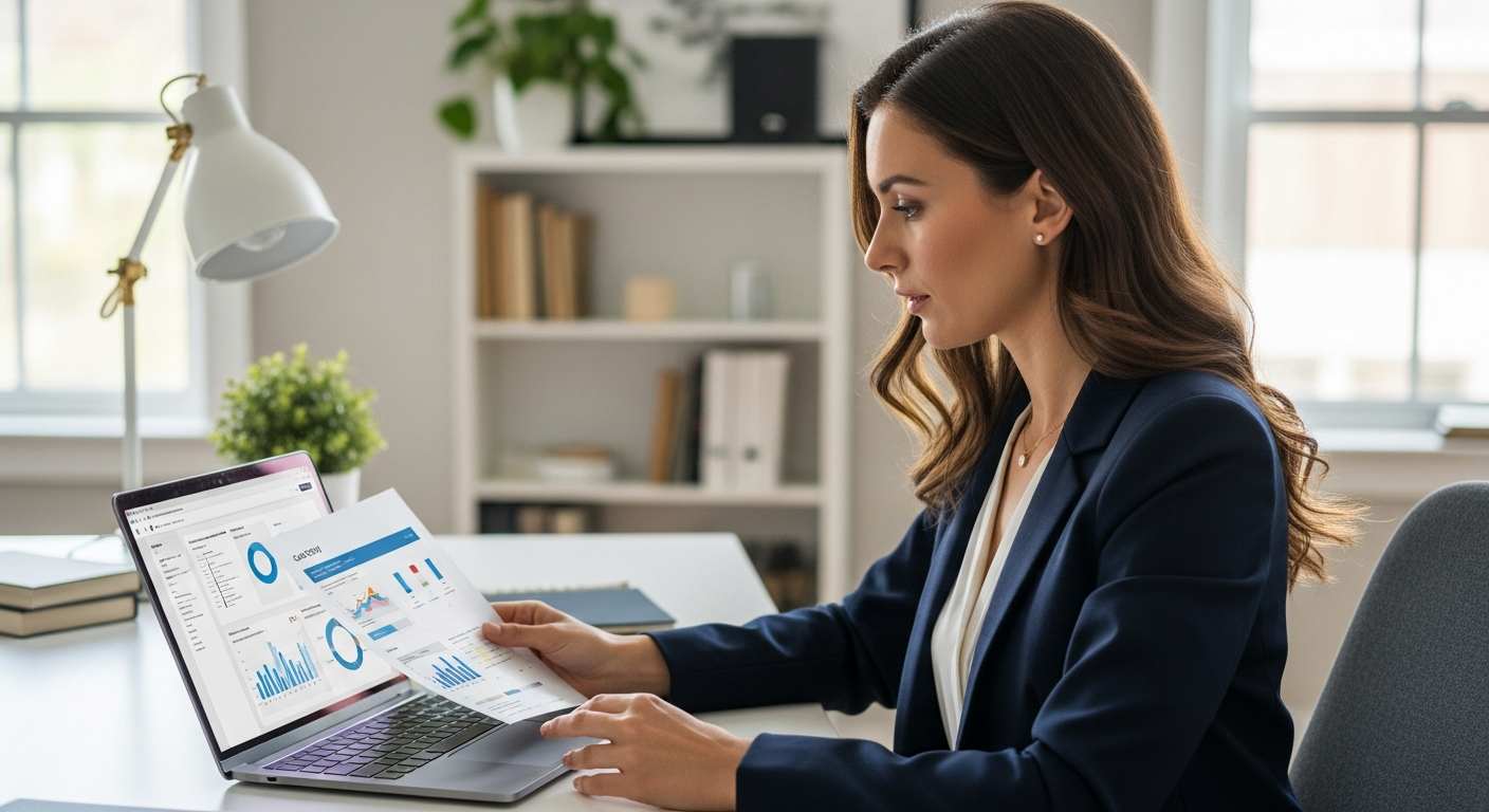 A woman works on a laptop in her home office.