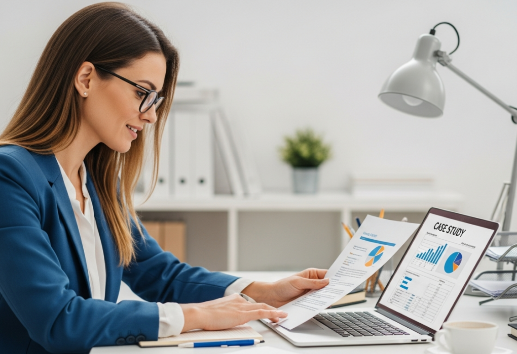 A woman reviews a case study on her laptop in an office setting.