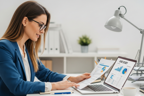 A woman reviews a case study on her laptop in an office setting.