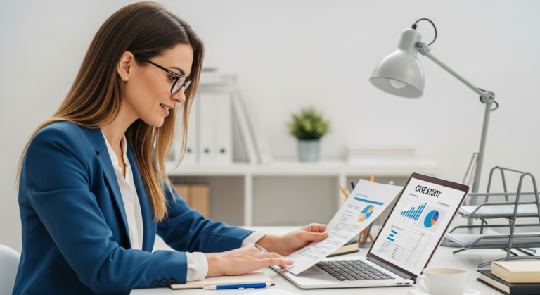A woman reviews a case study on her laptop in an office setting.