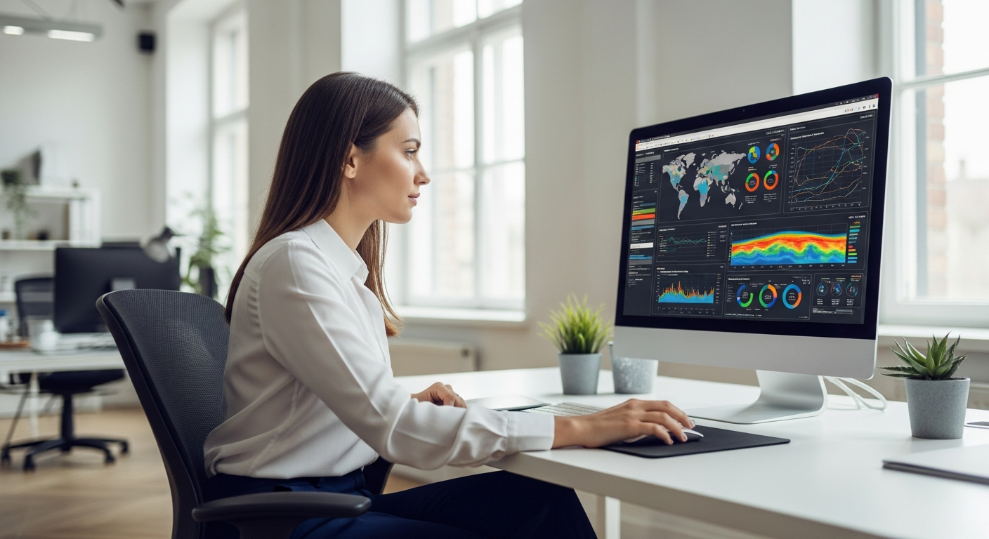 Woman analyzes climate data using AI on a computer screen.