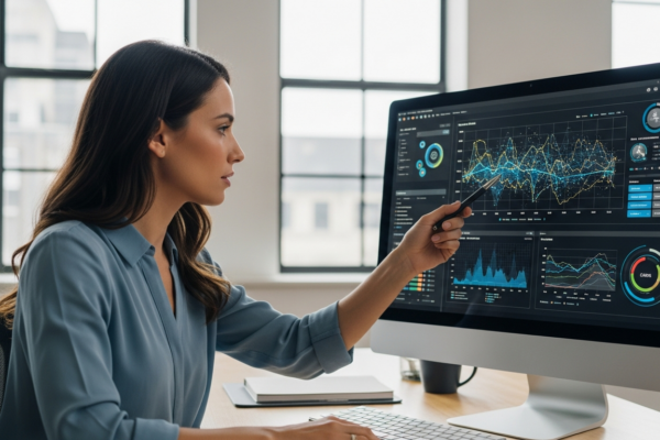 Woman analyzes climate data on a computer screen in an office