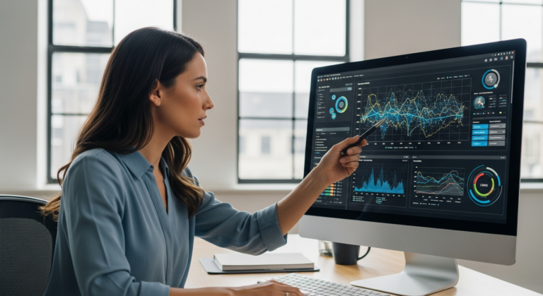 Woman analyzes climate data on a computer screen in an office