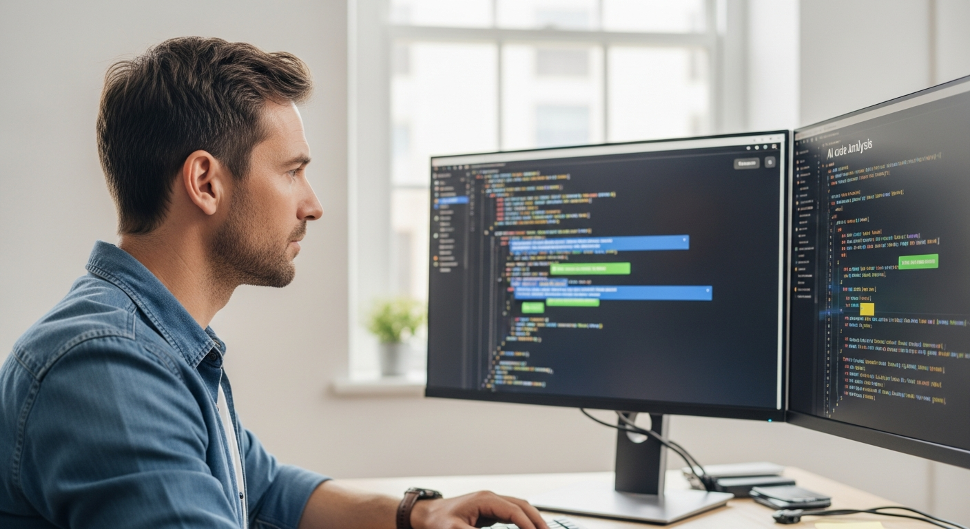 A man reviews code analysis results on a computer screen.