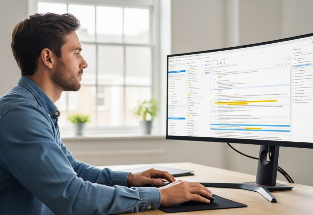 A man reviews code analysis results on a computer screen.