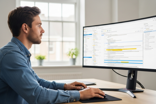 A man reviews code analysis results on a computer screen.