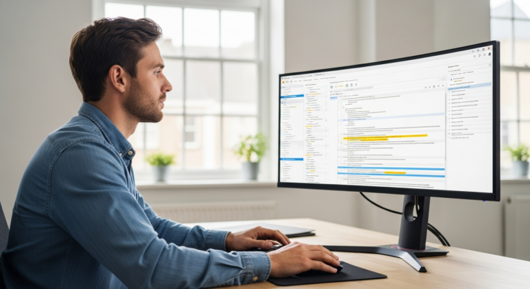 A man reviews code analysis results on a computer screen.