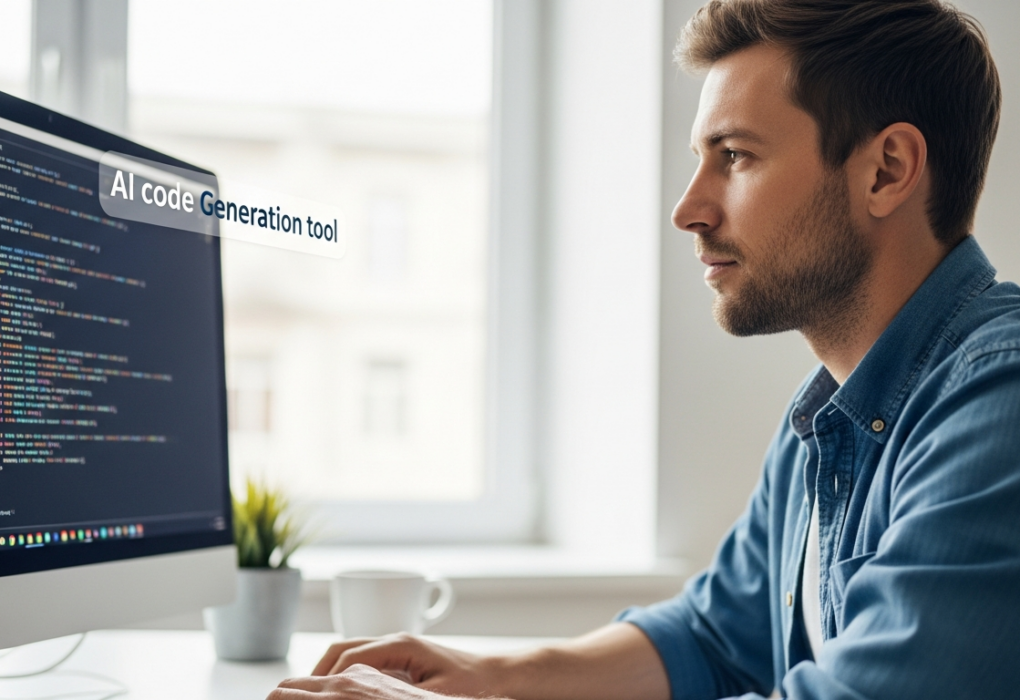 A man is using AI software to generate code on a computer.
