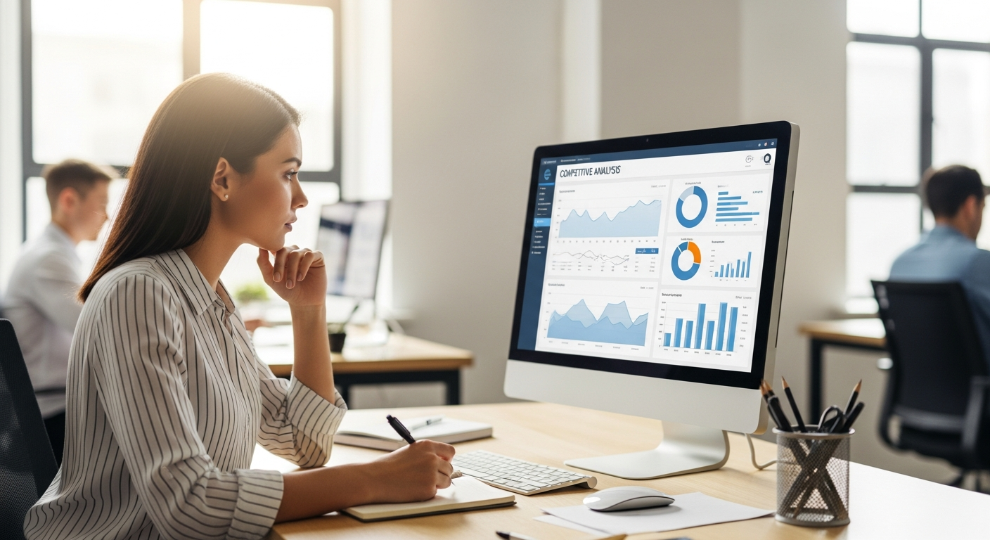 A woman analyzes competitive data using AI software on a computer.