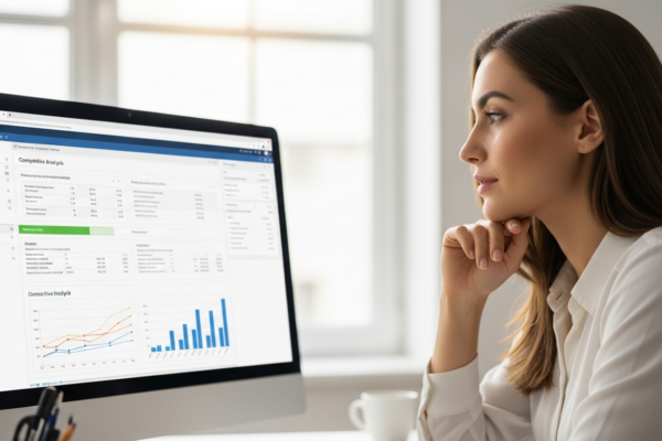 Woman uses AI software for competitive analysis on a computer.