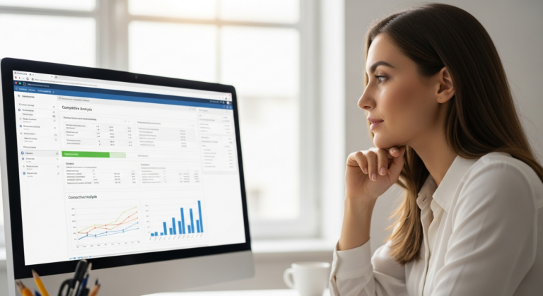 Woman uses AI software for competitive analysis on a computer.