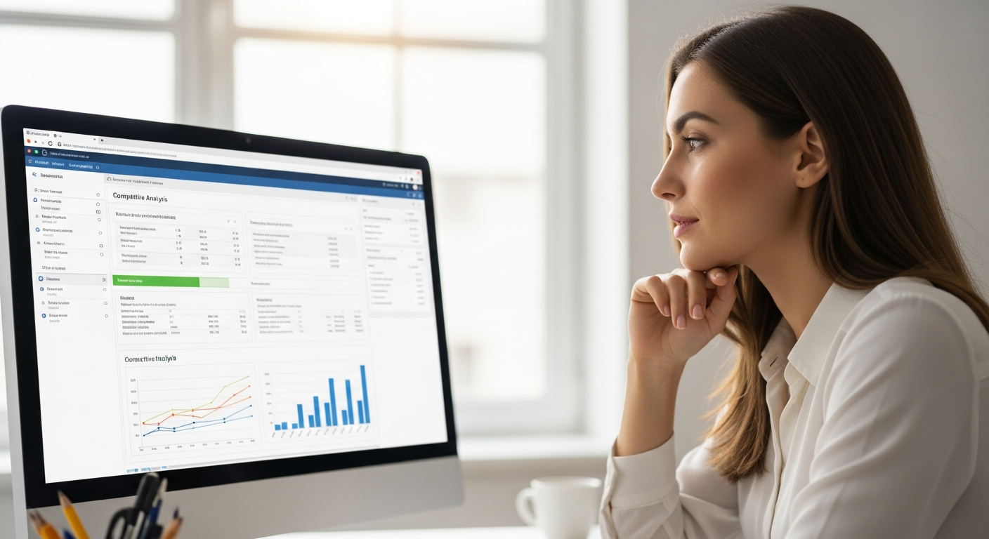 Woman uses AI software for competitive analysis on a computer.