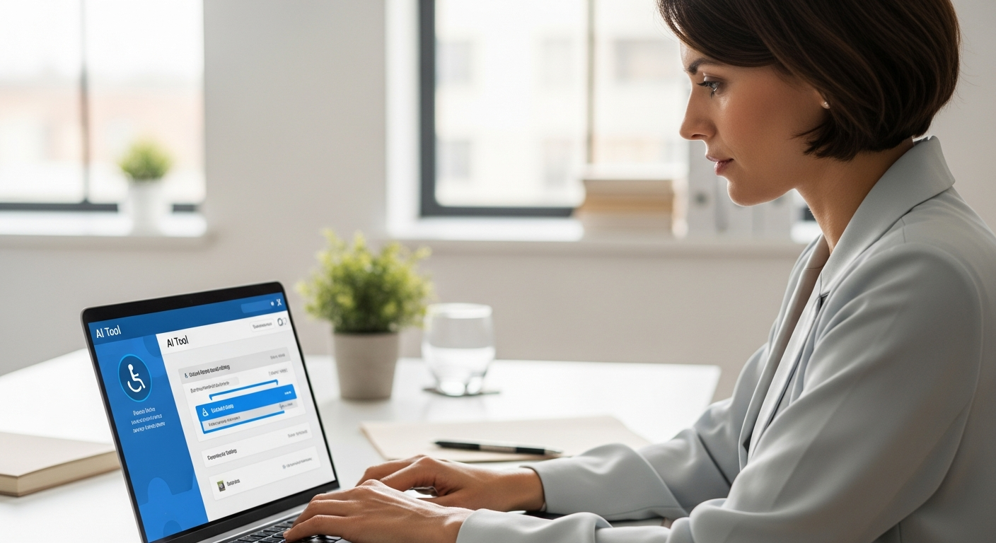 Woman uses AI software on laptop to improve content accessibility